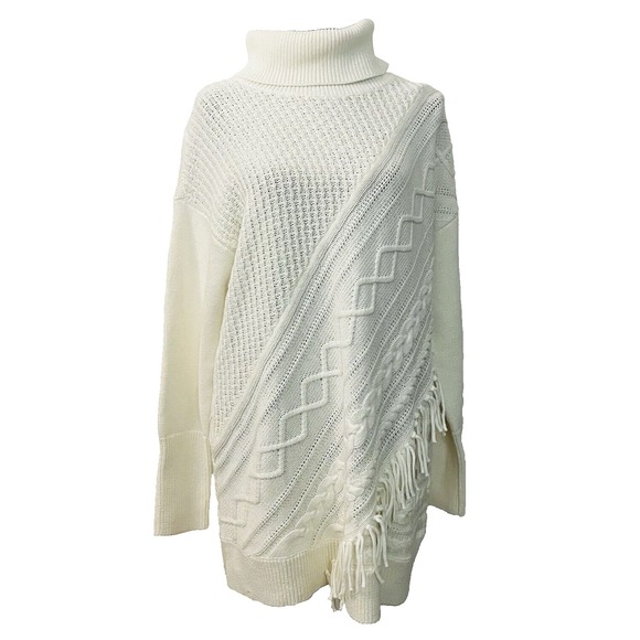 Chico's Ecru Cable Knit Fringe Turtleneck Tunic Sweater | Cozy Luxe Winter Layer - Picture 2 of 10